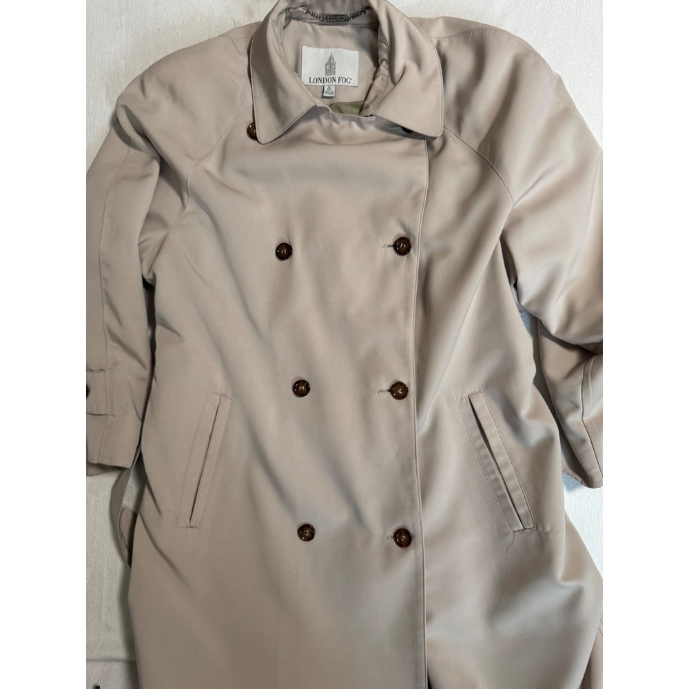 London Fog Womens Khaki Double Breasted Belted Trench Coat Size 10 PET